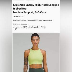 Lululemon Energy High neck Longline Ribbed Bra, size 8, Sage in colour